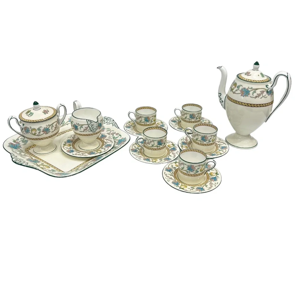 WEDGWOOD SHAH BONE CHINA: CUPS & SAUCERS, TRAY, COFFEE POT, SUGAR BOWL & CREAMER